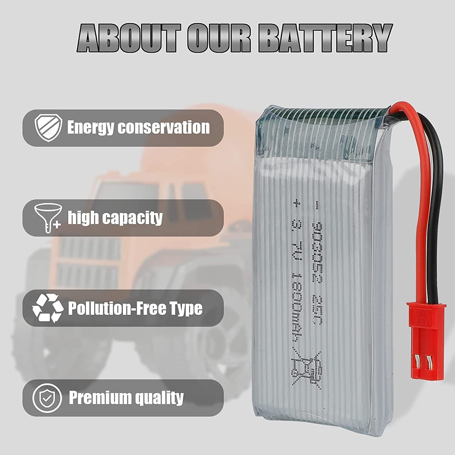 Eine Batterie mit Details zu Energieeinsparung, hoher Kapazität, umweltfreundlicher Art und Premiumqualität.