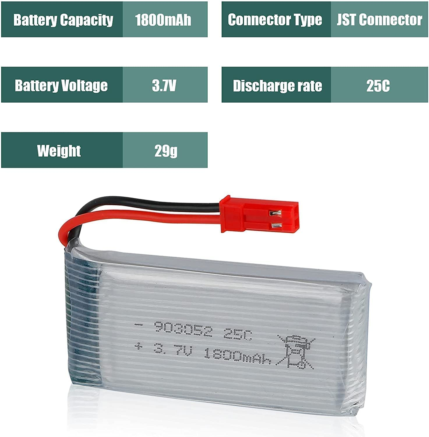 Batteriepack mit Informationen, einschließlich 1800 mAh, 3,7 V und 25 C. Es hat rote und schwarze Drähte.