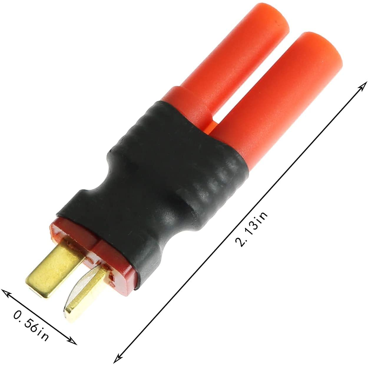 Ein orangefarbener und roter Stecker mit zwei roten Anschlüssen und zwei Stiften. Die Maße sind in Zoll angegeben.