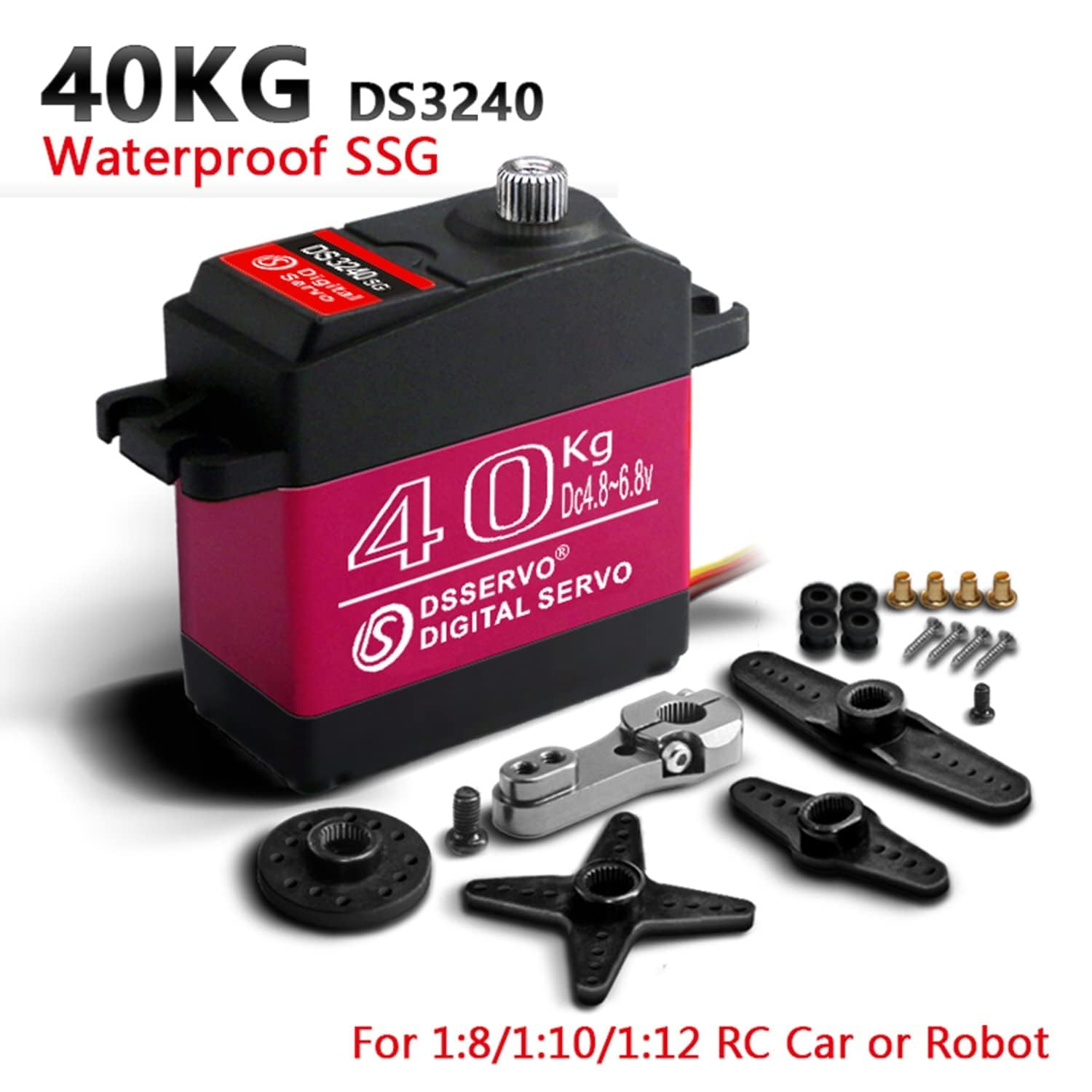 Un servomotore DS3240 rosso e nero con varie parti, progettato per auto RC o robot, con sovrapposizione di testo.