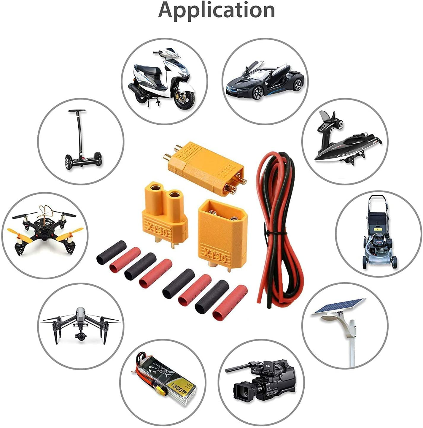 Verschiedene elektronische Komponenten und Geräte, die um ein zentrales Bild von Steckern und Drähten angeordnet sind.