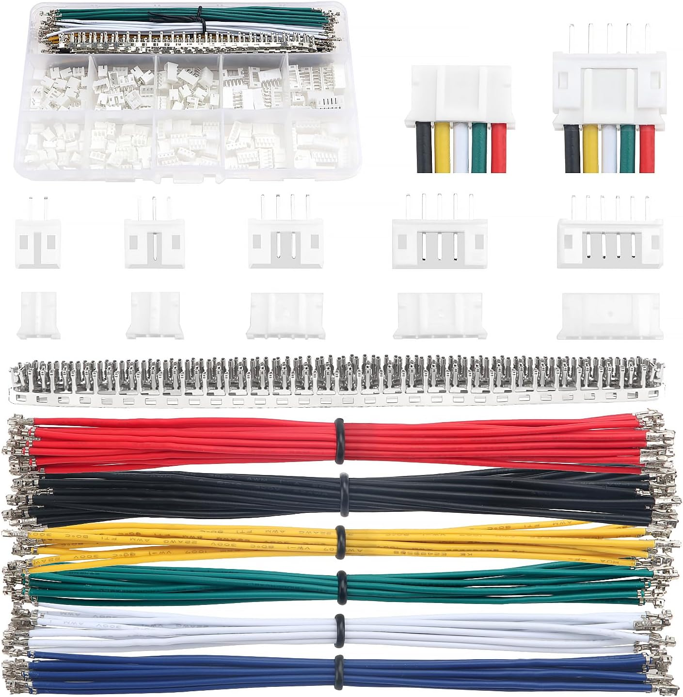 Ein Satz verschiedener weißer elektrischer Steckverbinder, Drähte und Klemmen in einer Plastikbox.