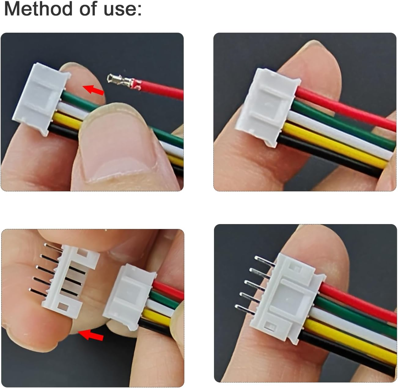 Vier Bilder zeigen die Verwendung eines Steckers. Hände verbinden Drähte mit einem weißen Stecker.
