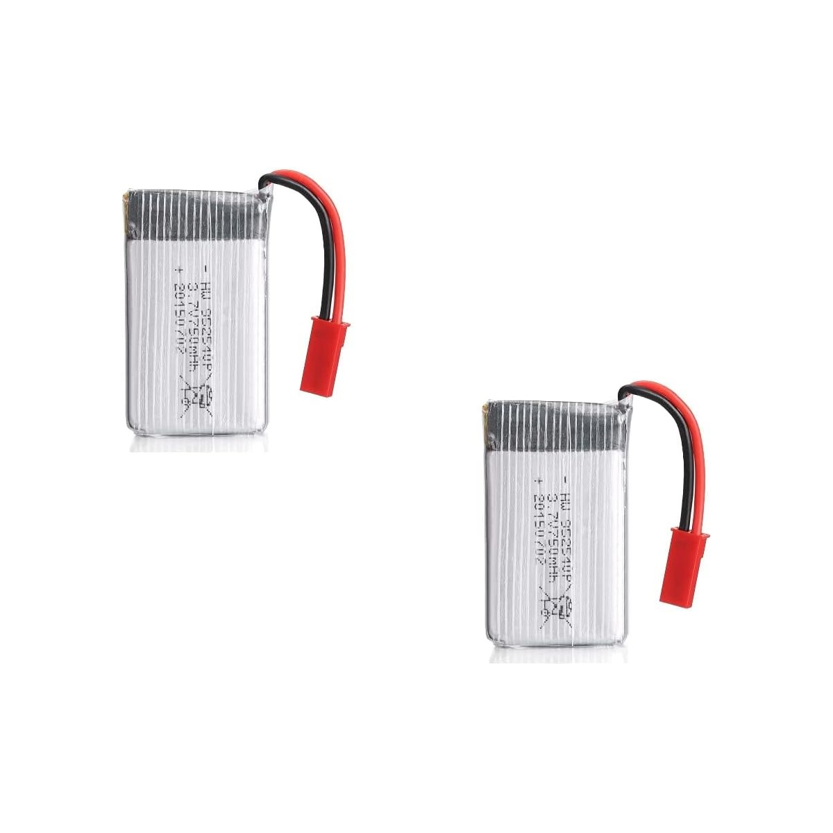 Zwei kleine rechteckige Batterien mit schwarzen und roten Drähten und Steckern. Weißer Hintergrund.