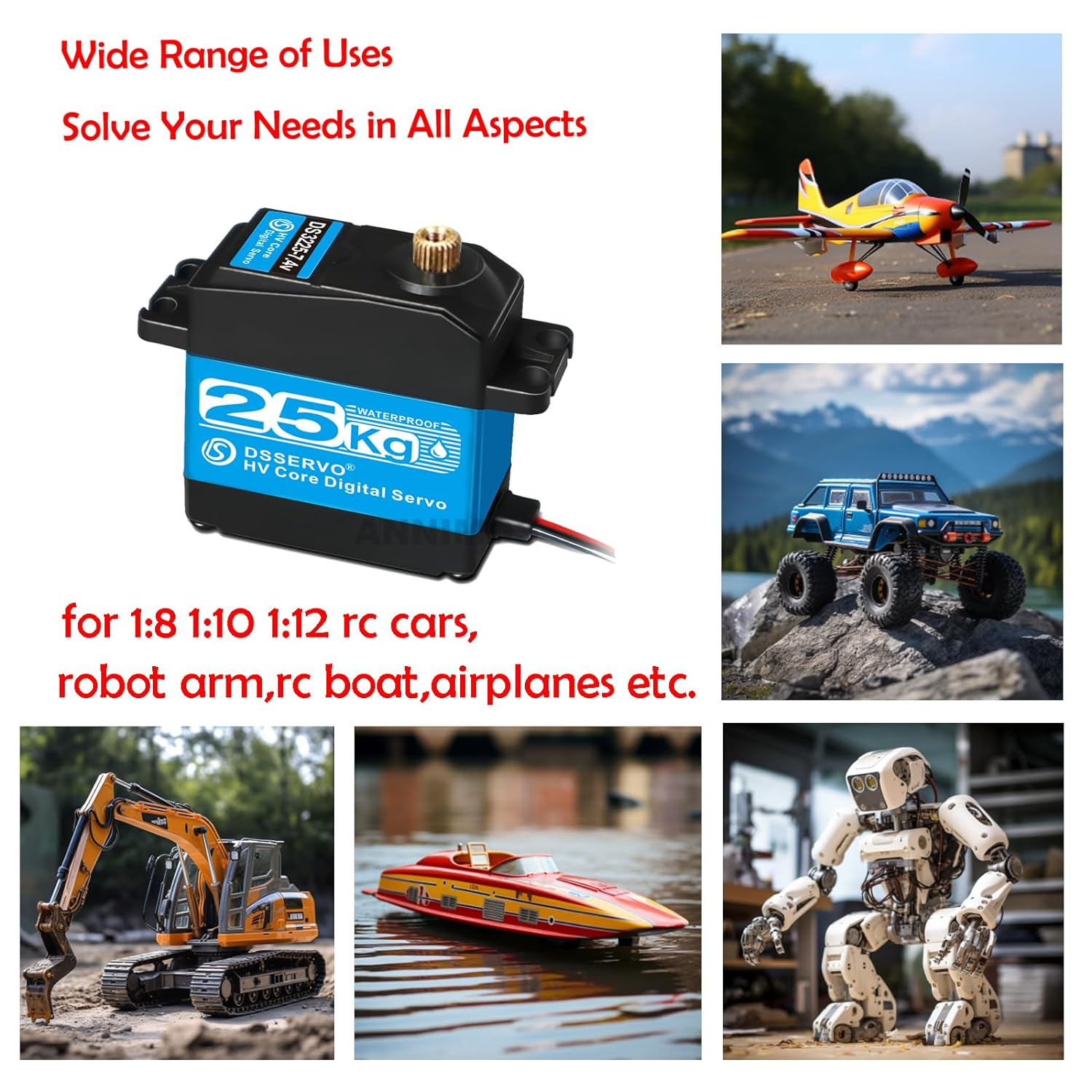Ein blauer Servomotor mit Text für 1:8, 1:10, 1:12 RC-Autos, Roboterarme, RC-Boote und Flugzeuge.