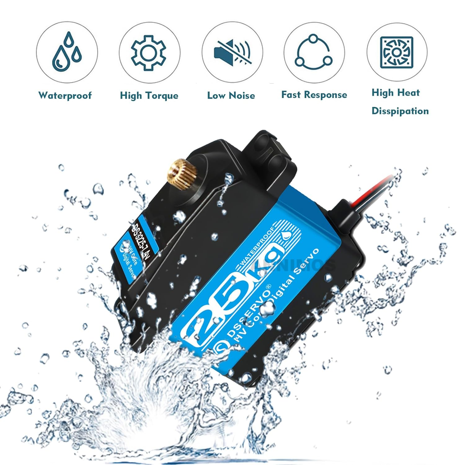 Schwarzer Servo-Motor mit blauem Etikett, im Wasser mit Spritzeffekten. Symbole zeigen Wasserdichtigkeit, Drehmoment usw.