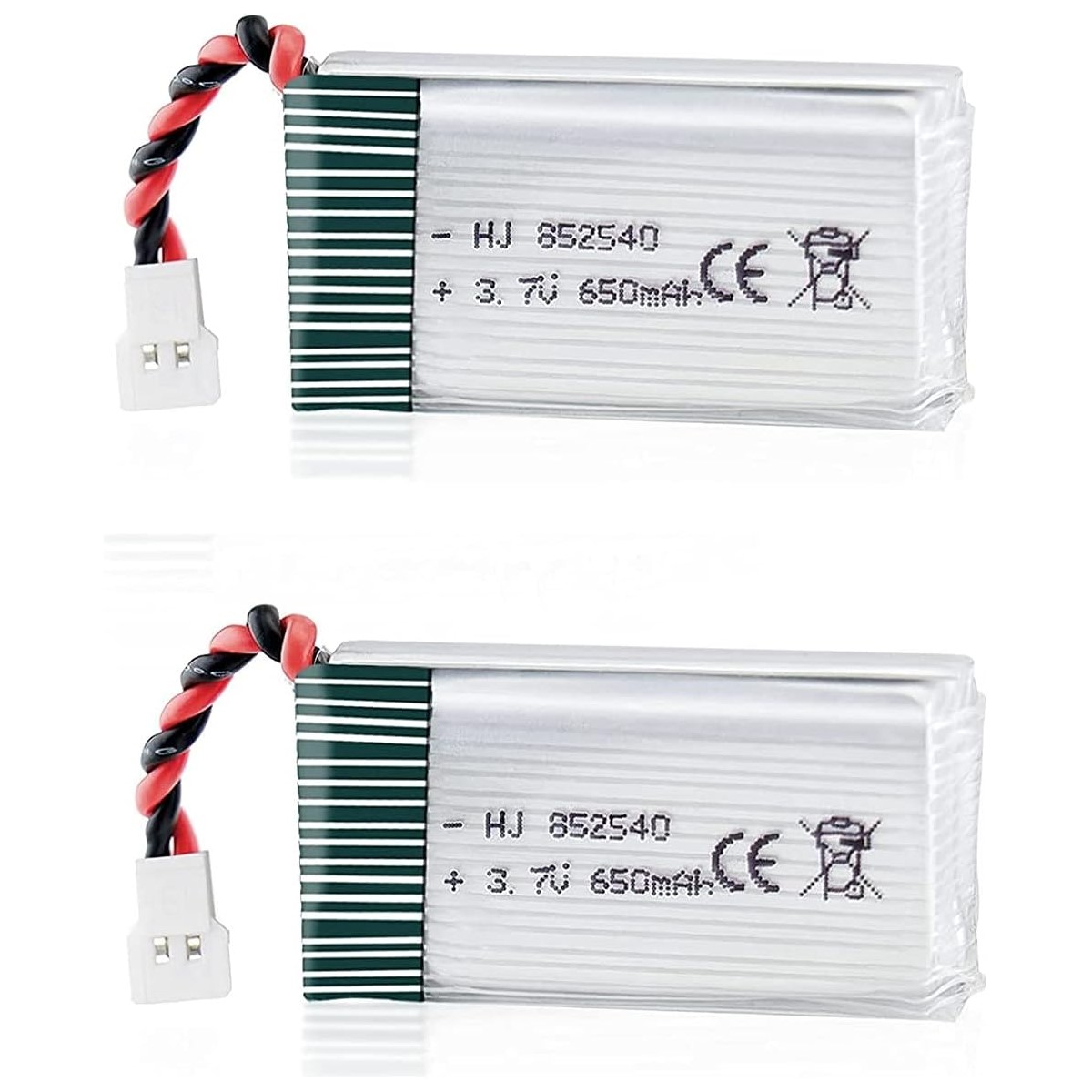 Zwei kleine Batterien mit schwarzen und roten Drähten und weißen Steckern. Text ist darauf gedruckt.