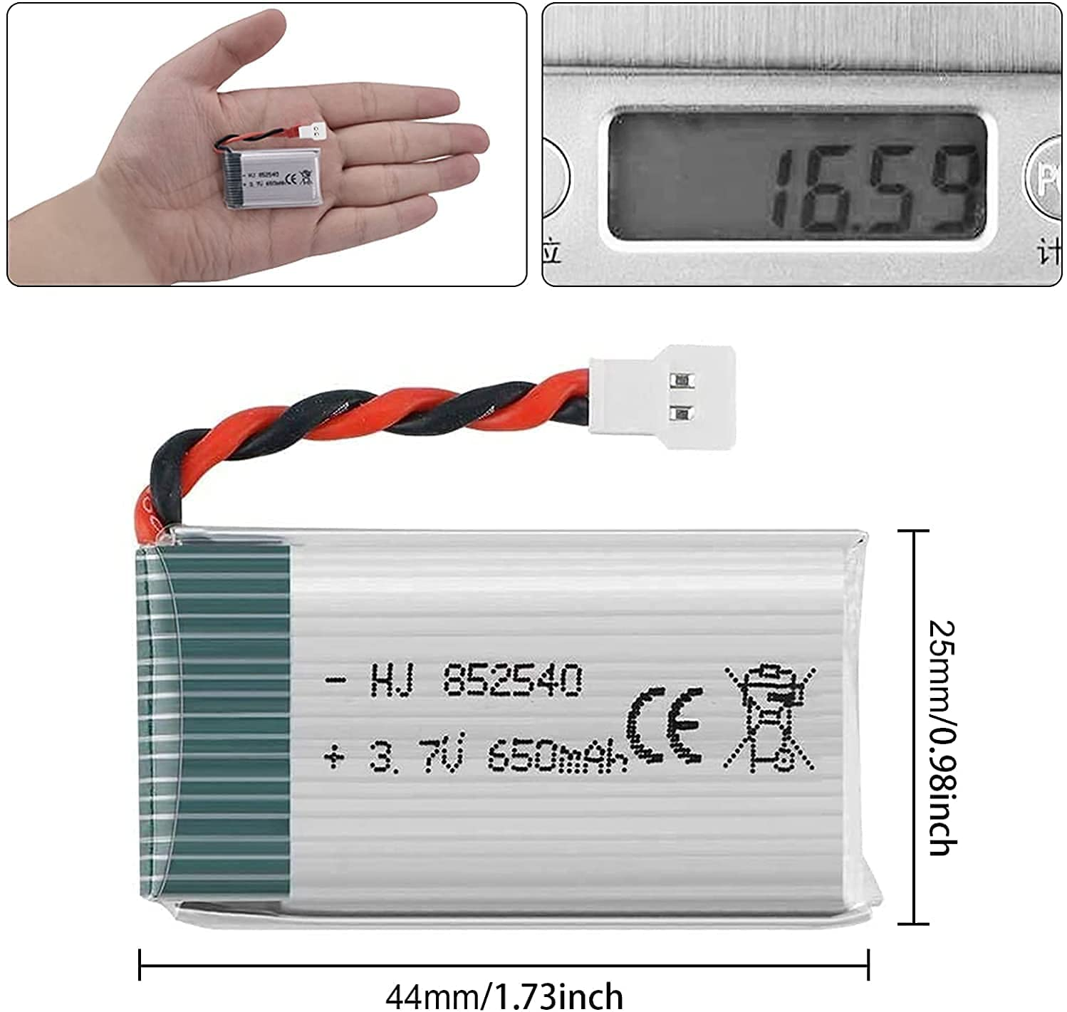 Ein kleiner Akku mit den Maßen: 44 mm/1,73 Zoll lang und 25 mm/0,98 Zoll hoch.