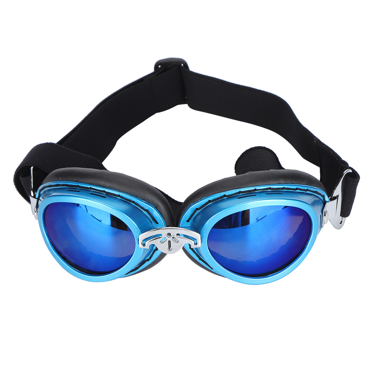 Blaue Hundegläser mit dunkelblauen Gläsern und einem schwarzen Riemen. Die Brille hat einen silbernen Verschluss.