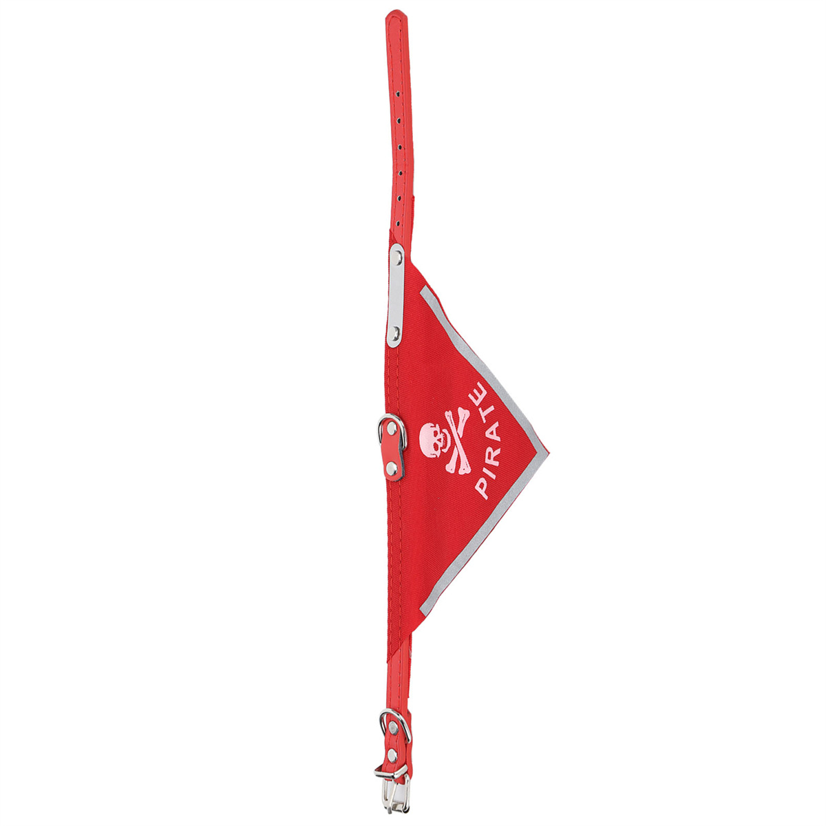 Ein rotes Hundehalsband mit Piratenflaggen-Design. Die Flagge lautet 'PIRATE' mit Totenkopf und gekreuzten Knochen.