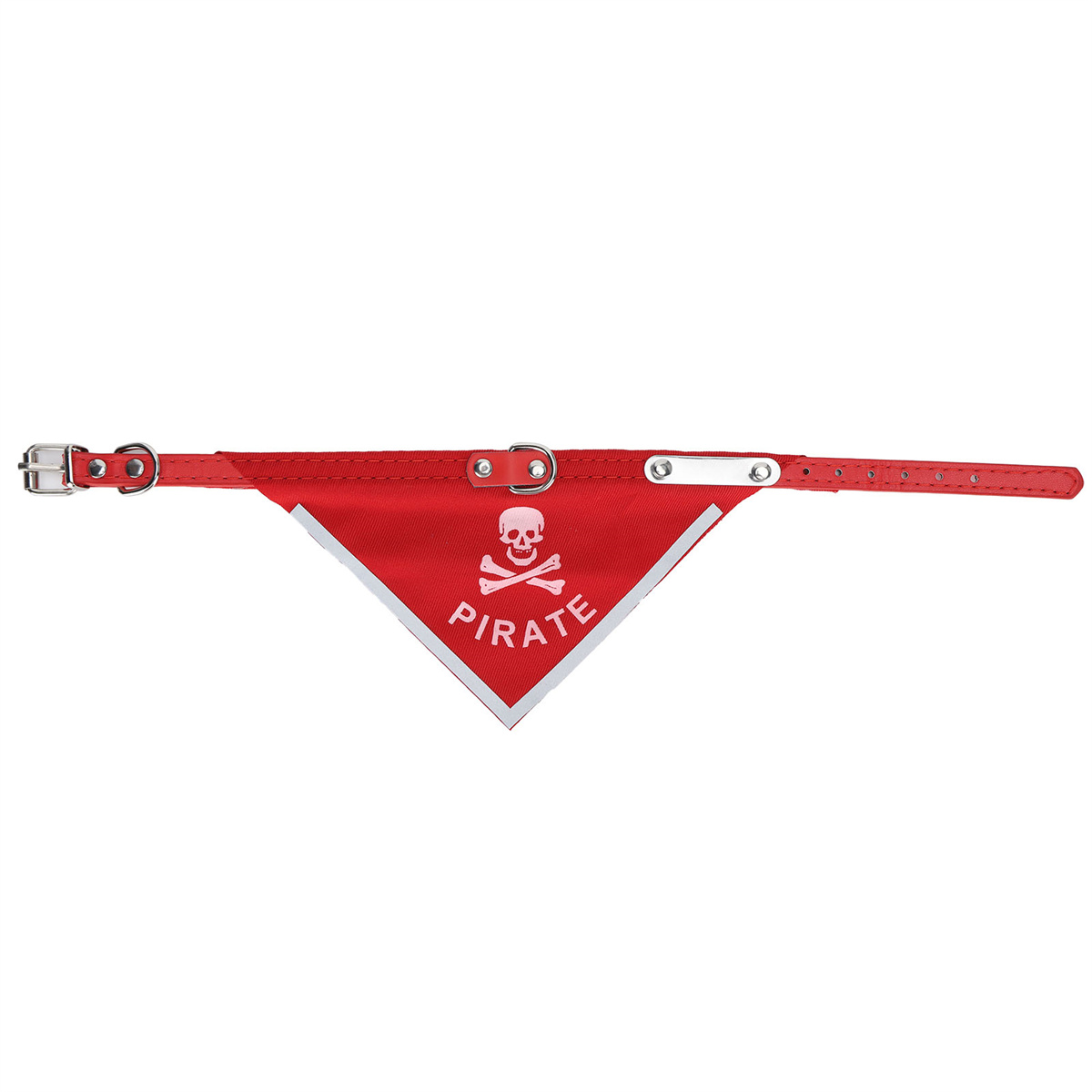 Ein rotes Hundehalsband mit einem weißen Piratenflaggen-Design und einem Totenkopf.