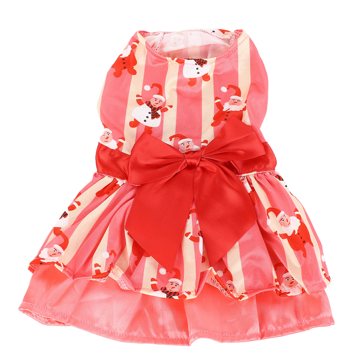 Hundekleid. Es ist rosa mit vertikalen Linien und Weihnachtsmann-Grafiken. Eine rote Schleife ist an der Taille.