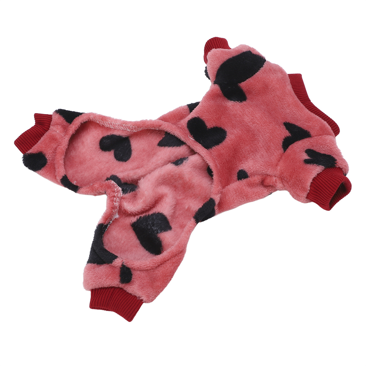 Rosa Hunde-Overall mit schwarzen Herzmustern und roten Manschetten. Es ist auf weißem Hintergrund.