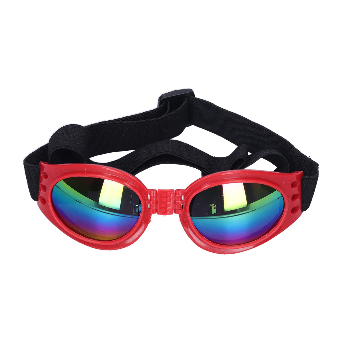 Rote Hundegläser mit Regenbogenlinsen und einem schwarzen, verstellbaren Riemen.