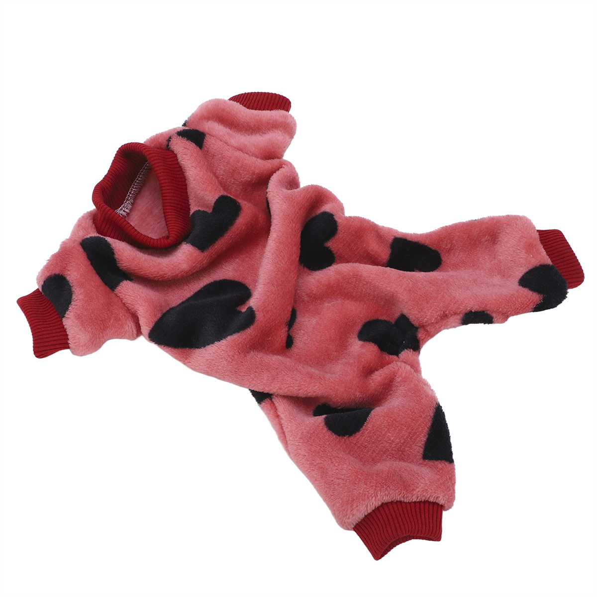 Rosa Hunde-Overall mit schwarzen Herzformen und roten Manschetten.
