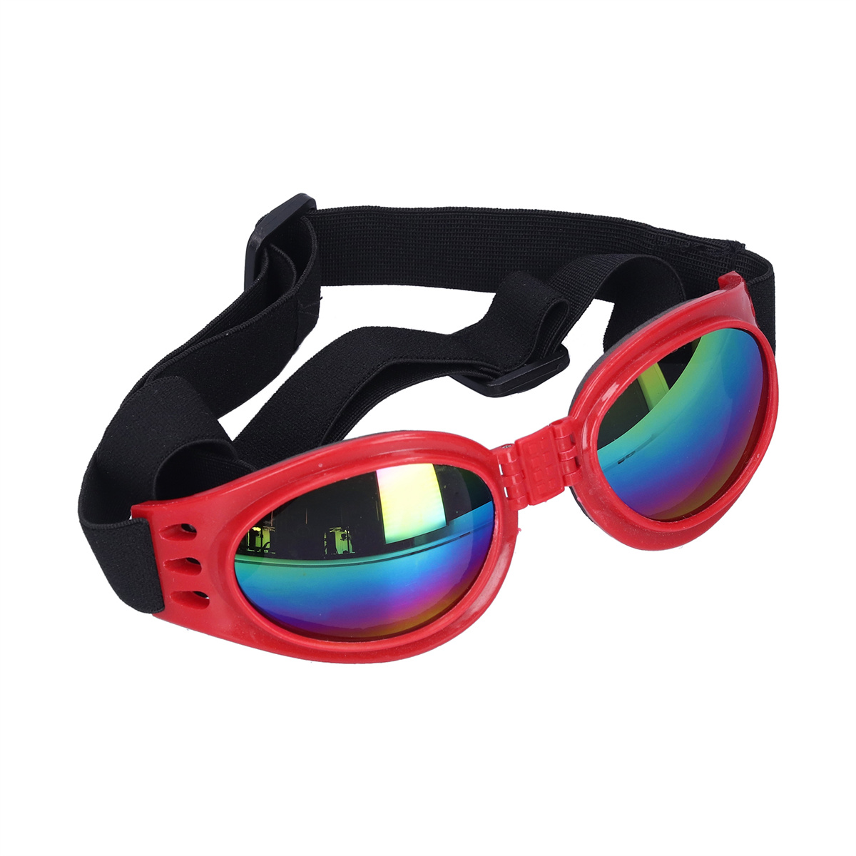 Rote Hundebrille mit verspiegelten Gläsern und schwarzem, verstellbarem Riemen.