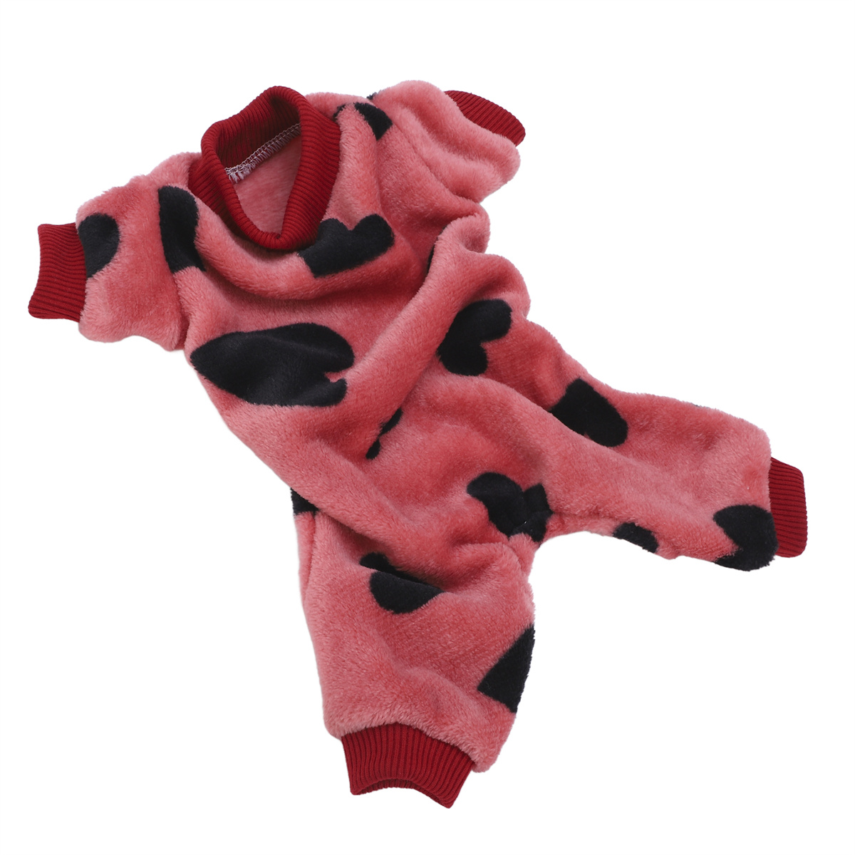Roter und schwarzer Hunde-Overall. Der Overall hat schwarze Herzformen. Rote Manschetten und Kragen.