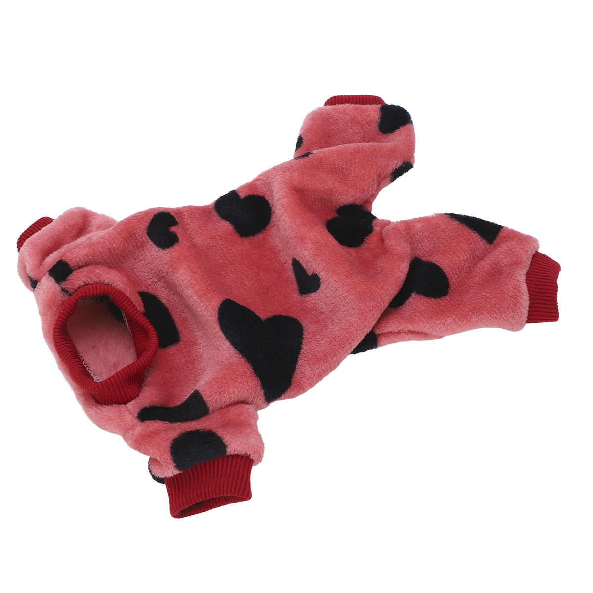 Rosa Hunde-Jumpsuit mit schwarzen Herzen und roten Bündchen, isoliert auf Weiß.