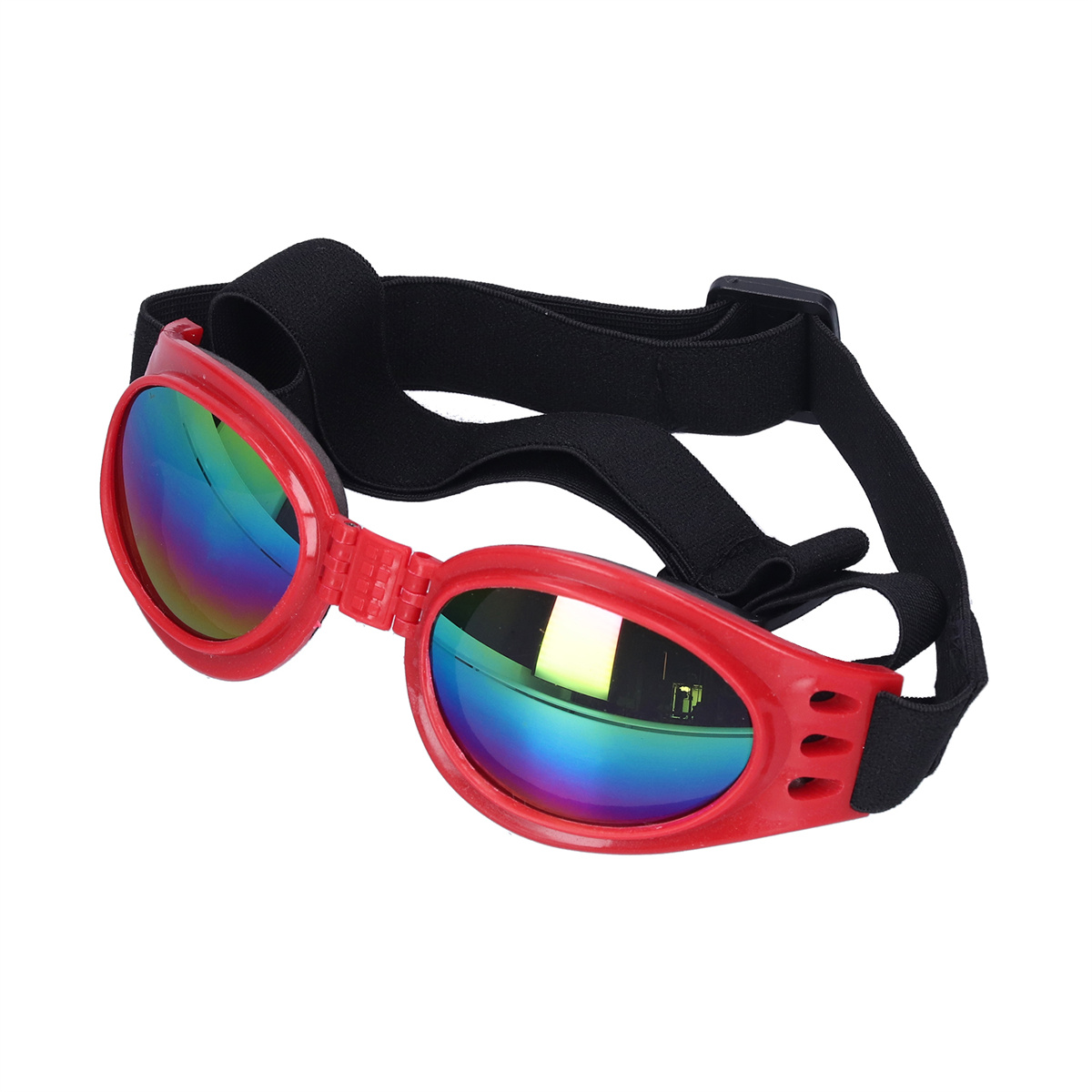 Rote Hundegläser mit Regenbogenlinsen und schwarzem Riemen. Weißer Hintergrund.
