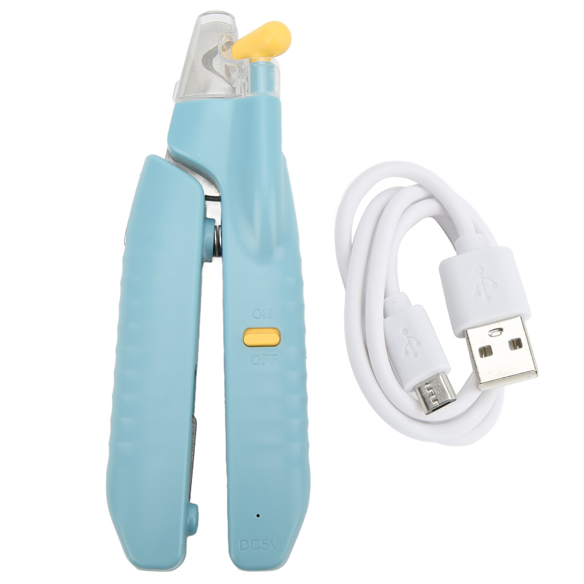Blaue Nagelknipser mit gelbem Knopf und USB-Ladekabel. Weißer Hintergrund.