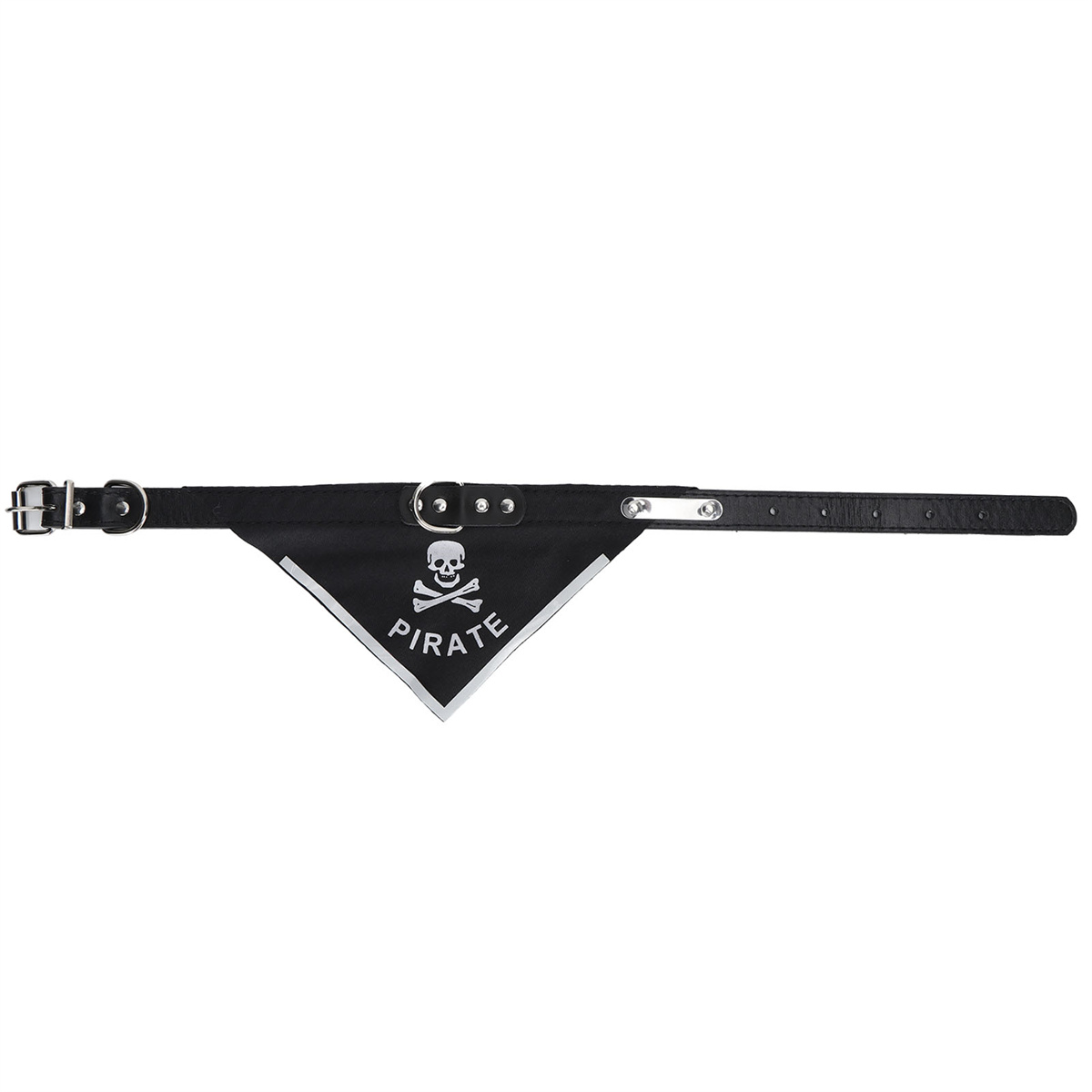 Schwarzes Hundehalsband mit Piraten-Totenkopf-Design und silberner Schnalle.