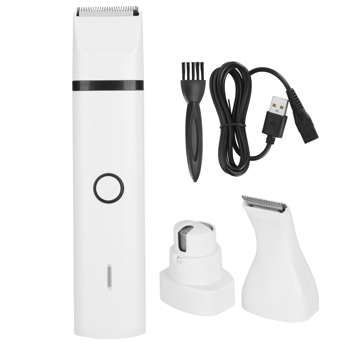 Weißes Tierpflege-Set. Es enthält einen Trimmer, eine Bürste, ein USB-Ladegerät und ein Reinigungswerkzeug.