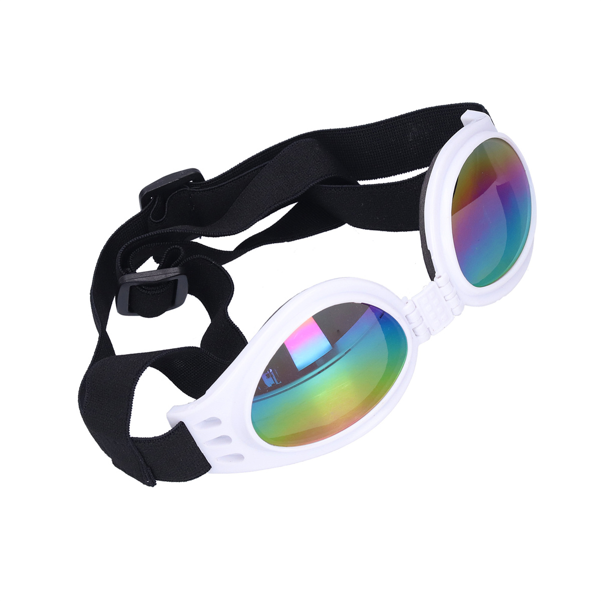 Hundegläser mit weißem Rahmen und regenbogenfarbenen Gläsern, verbunden durch ein schwarzes Band.