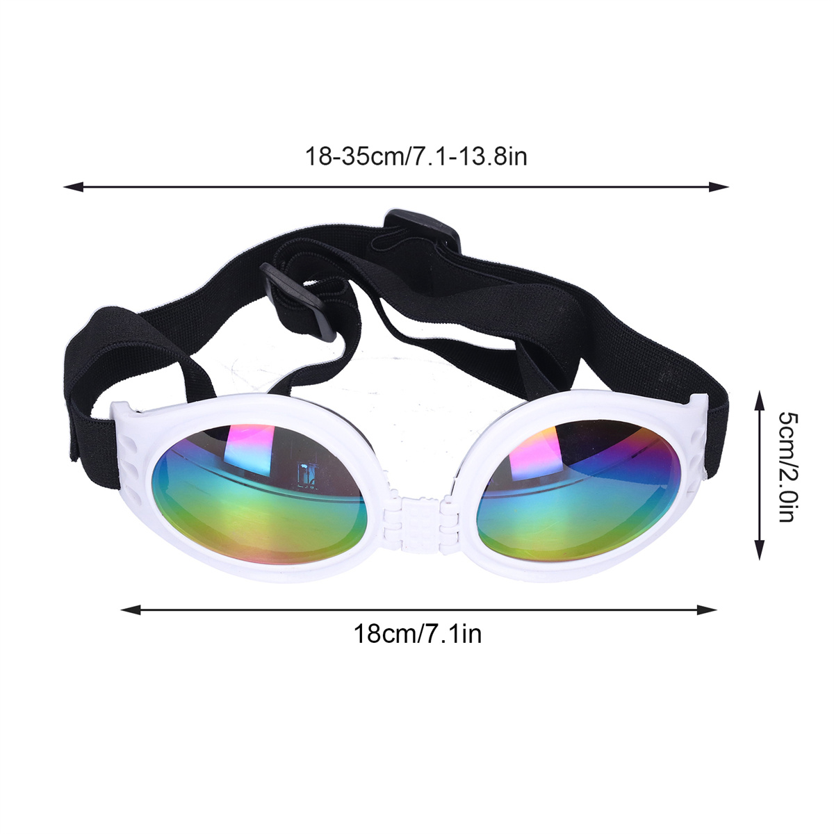 Weiße Hundebrille mit schwarzem Riemen. Die Gläser sind reflektierend mit Regenbogenfarben. Text zeigt Abmessungen.