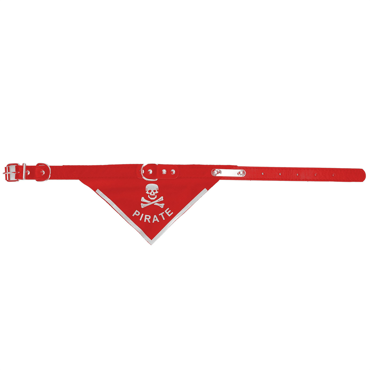 Rotes Hundehalsband mit Piraten-Bandana. Zeigt Totenkopf und gekreuzte Knochen, mit 'PIRATE'.