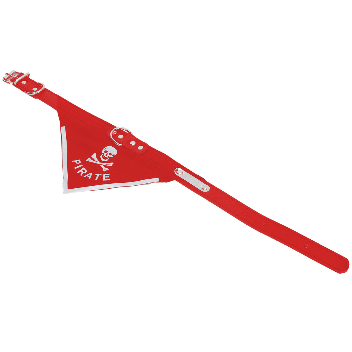 Rotes Hundehalsband mit Piraten-Totenkopf und -Knochen und dem Wort PIRAT.
