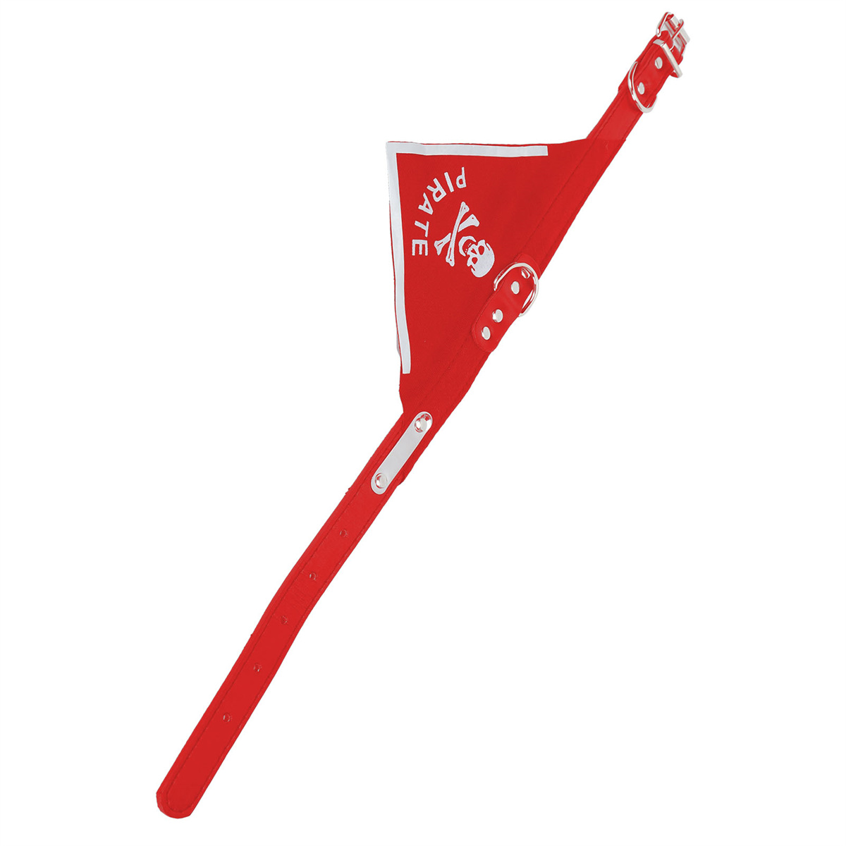 Rotes Piraten-Halsband für Hunde mit weißem Totenkopf auf weißer Flagge und Lederriemen.