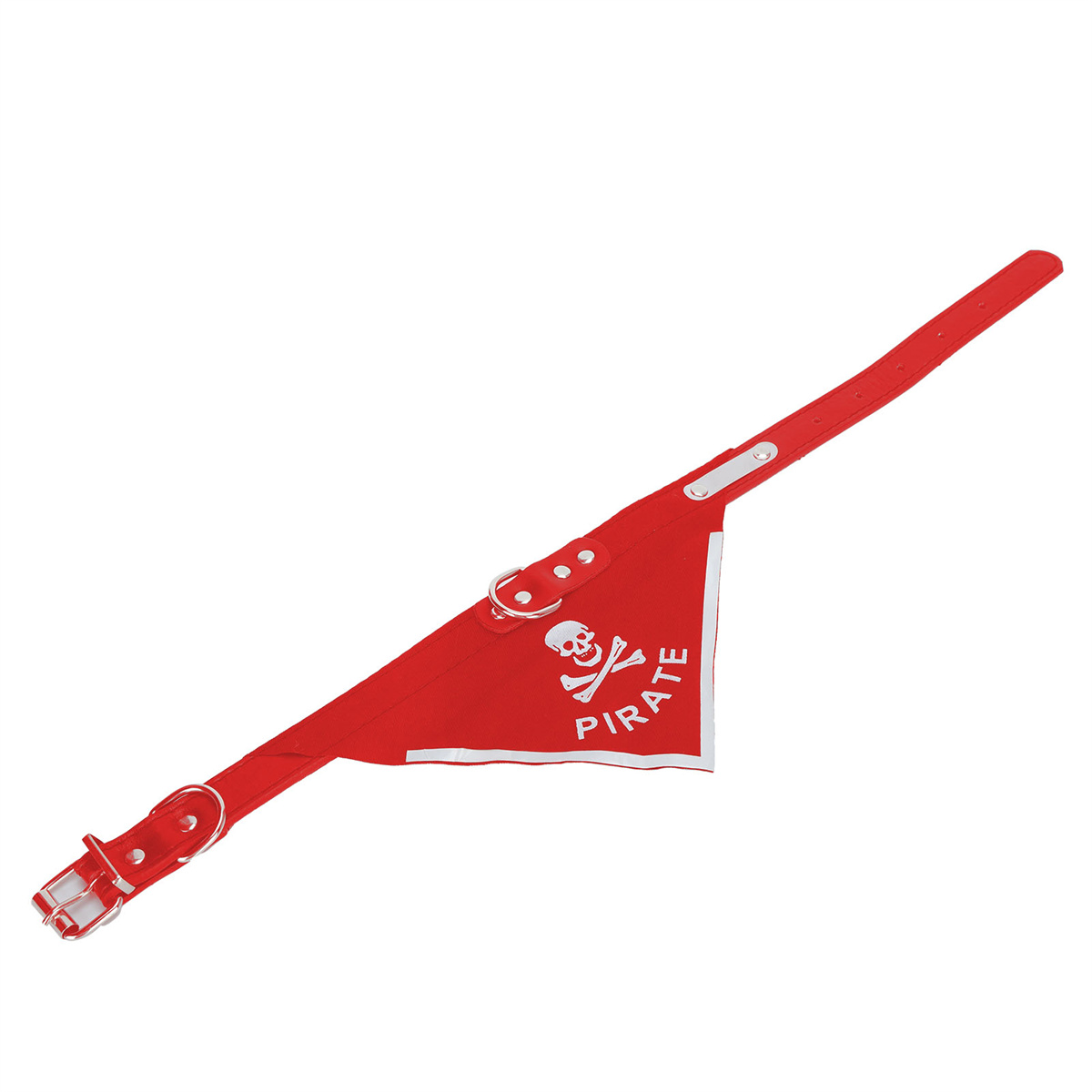 Rotes Hundehalsband mit Piratenflaggen-Design. Weißer Totenkopf, roter Hintergrund, weißer Text.