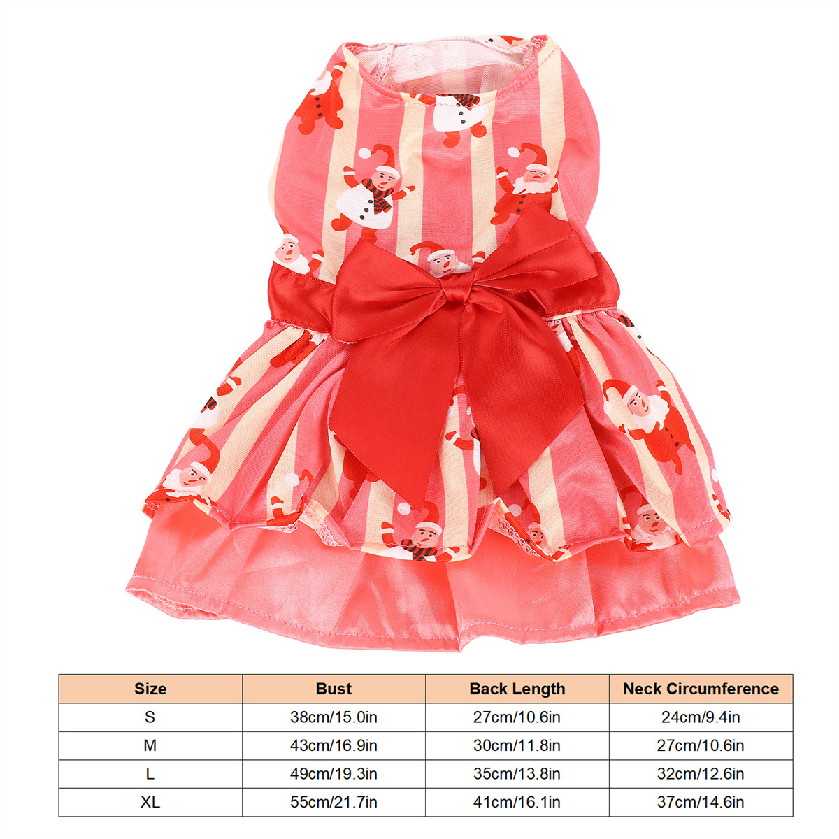 Ein Hundekleid mit roter Schleife und weihnachtlichem Design. Rosa und weiß gestreifter Hintergrund. Tabelle mit Größen.
