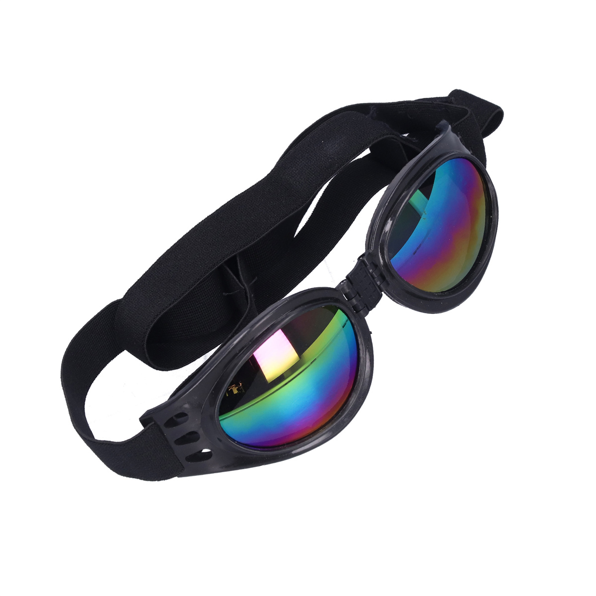Hundebrille mit Regenbogenlinsen und schwarzem Riemen.