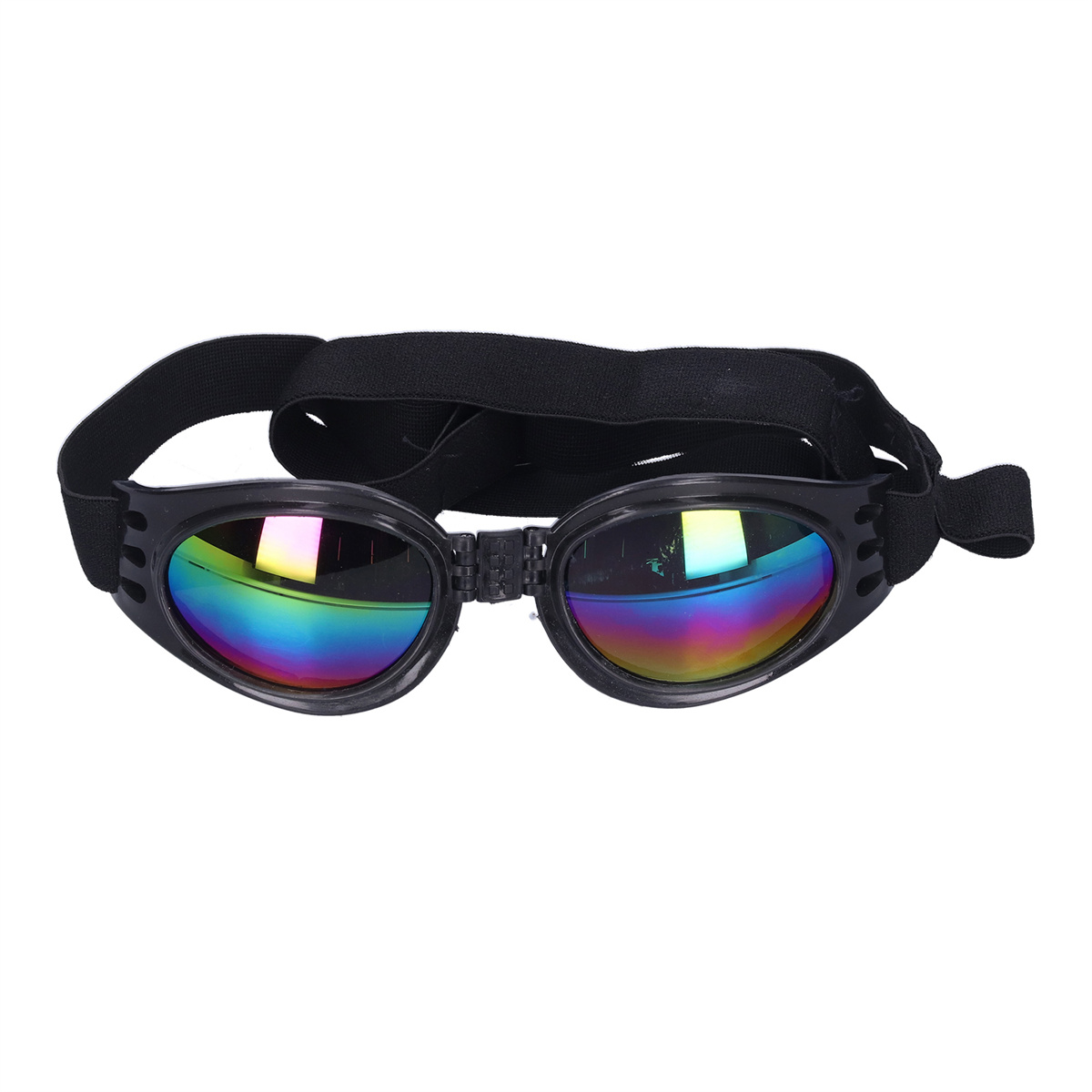 Schwarze Hundebrille mit regenbogenfarben getönten Gläsern und einem schwarzen Riemen. Sie sind für Hunde.
