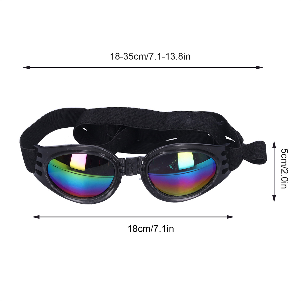 Hundegläser mit Regenbogenlinsen, schwarzem Rahmen und verstellbarem Riemen. Text zeigt Maße.