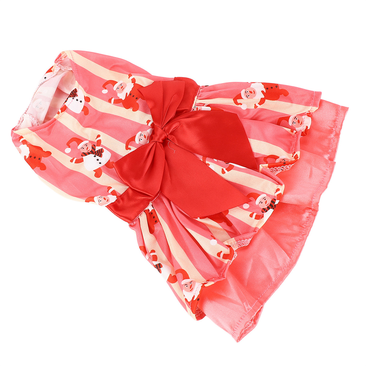 Ein rosa Weihnachts-Kleid mit einer großen roten Schleife und einem Weihnachtsmuster. Es hat einen mehrlagigen Rock.
