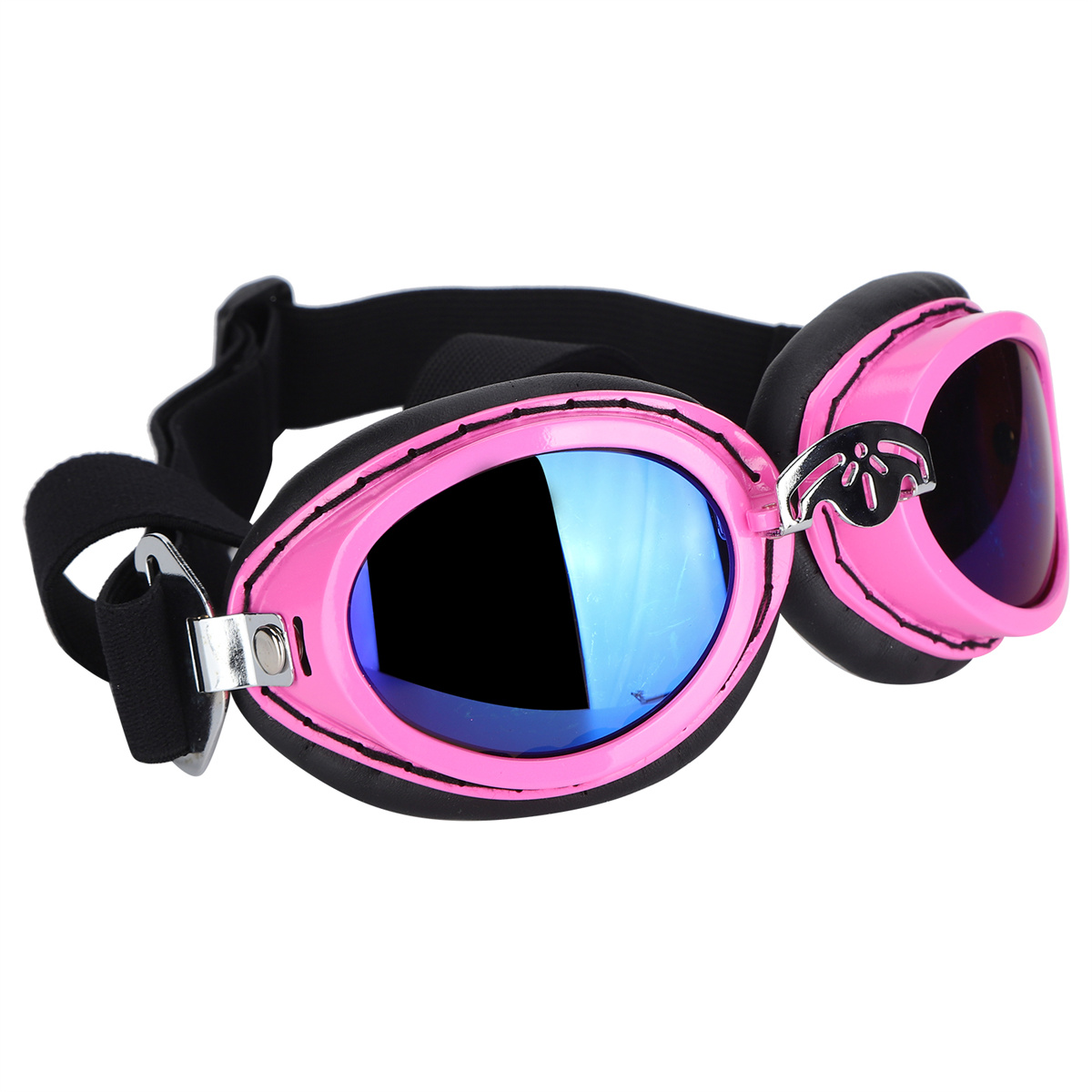 Rosa Hundebrille mit schwarzem Rahmen und blauen Gläsern, auf weißem Hintergrund.