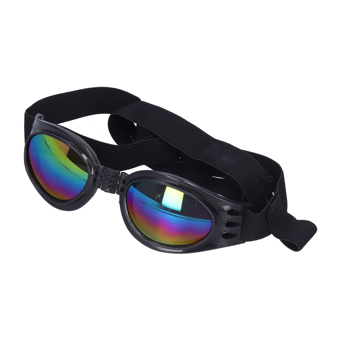 Schwarze Hundebrille mit Regenbogenfarbenen Gläsern und schwarzem Riemen.