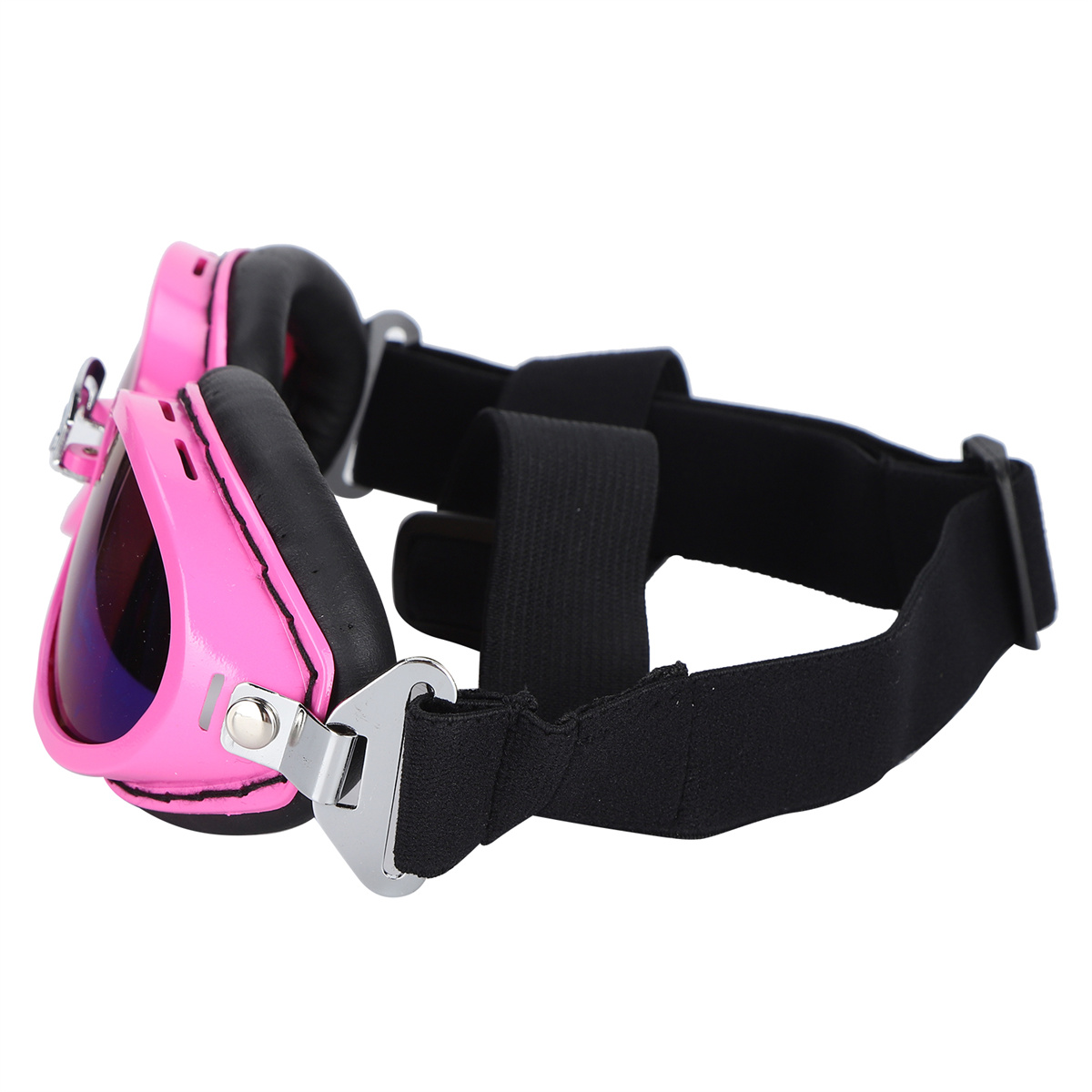 Rosa Hundebrille mit schwarzem Riemen und silberner Hardware. Klare Linsen.