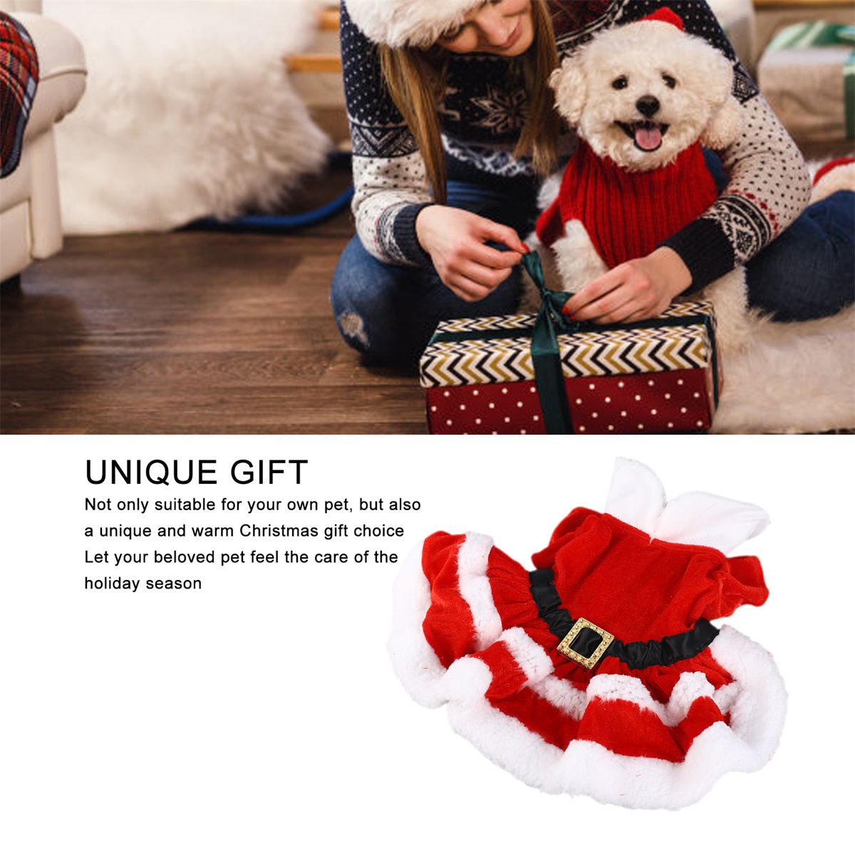Ein Hund in einem Weihnachtsoutfit sitzt neben einem Geschenk. Eine Frau verpackt das Geschenk.