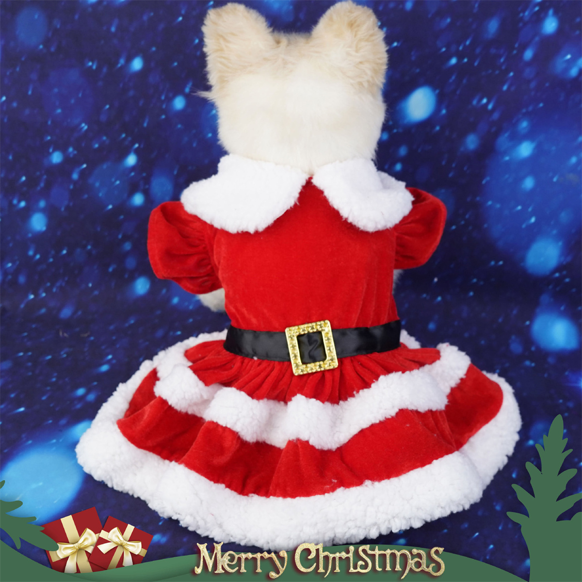 Hund in Weihnachtskleidung. Rotes Kleid mit weißem Besatz, schwarzer Gürtel und Kragen.