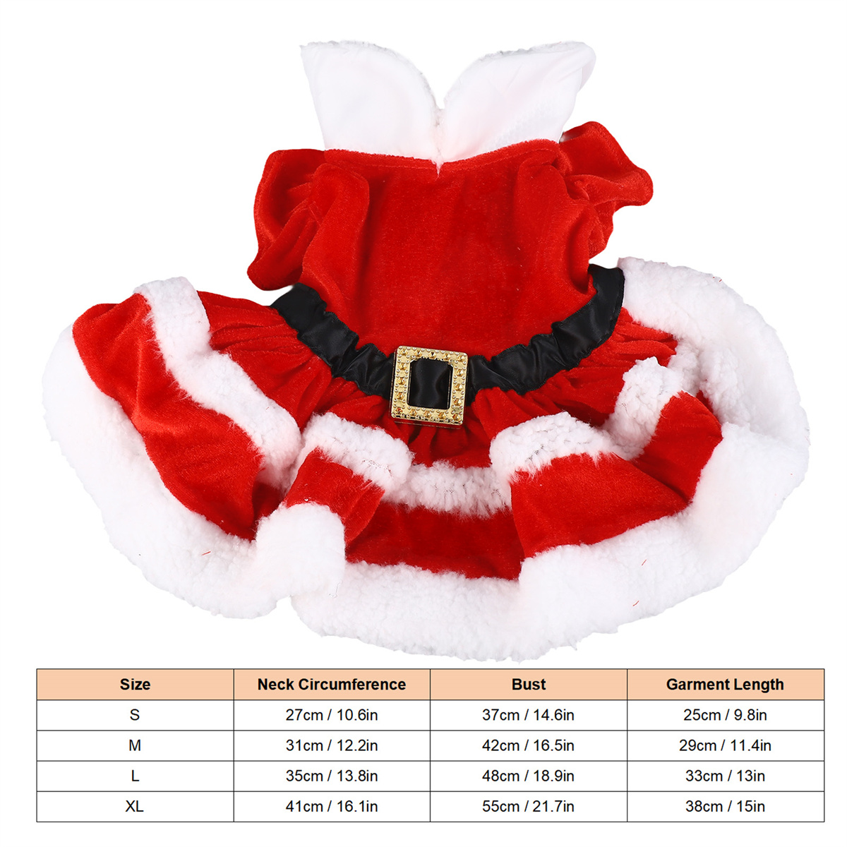 Rotes Hunde-Weihnachtskostüm. Enthält eine Größentabelle mit Nacken-, Brust- und Kleidungsstücklängenmaßen.
