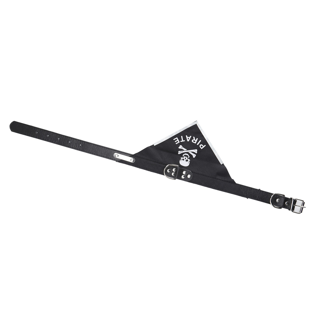 Schwarzes Hundehalsband mit Piratenflagge und Metallschnalle.