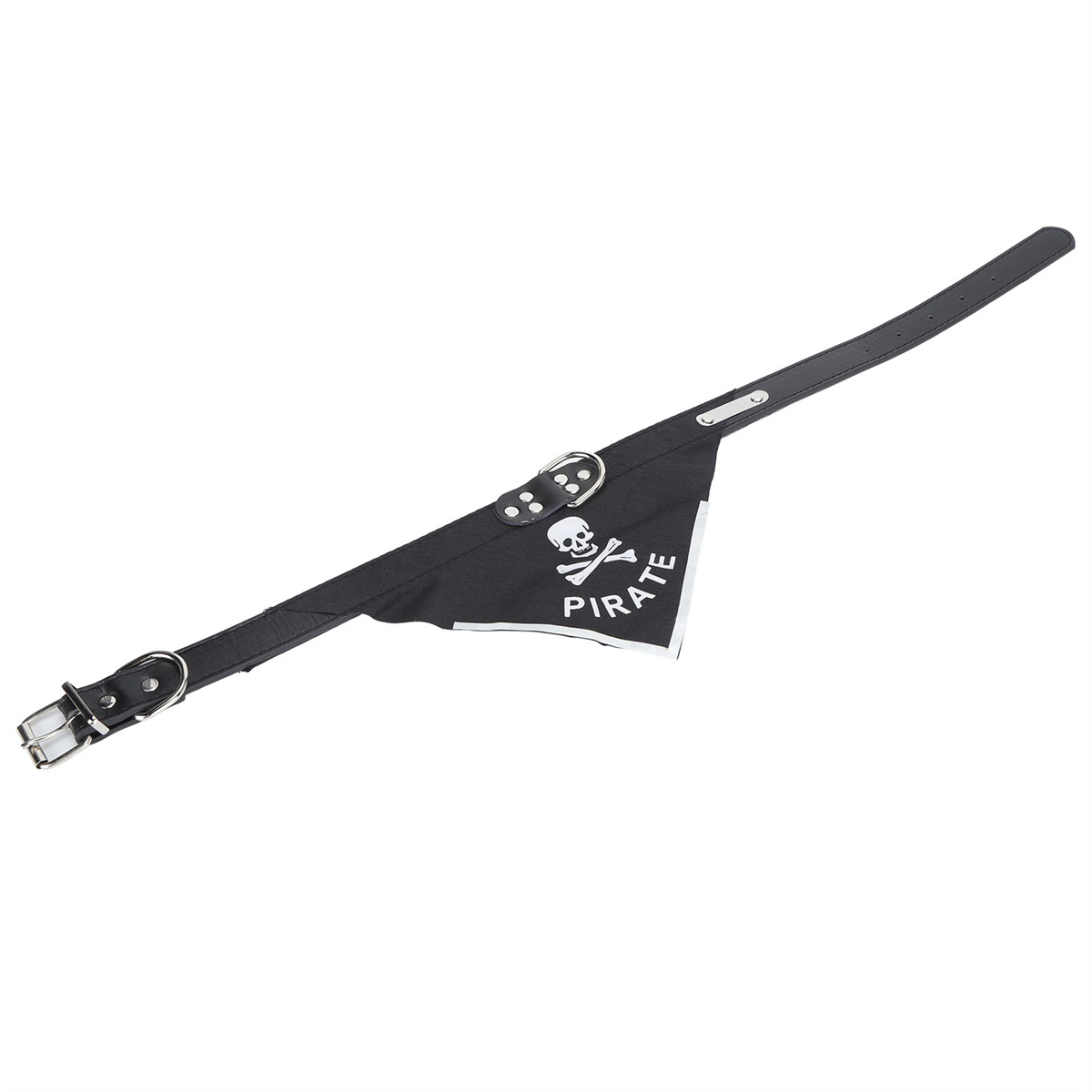 Schwarzes Hundehalsband mit Piratenflagge. Die Flagge hat einen Totenkopf mit gekreuzten Knochen und das Wort 'PIRATE'.