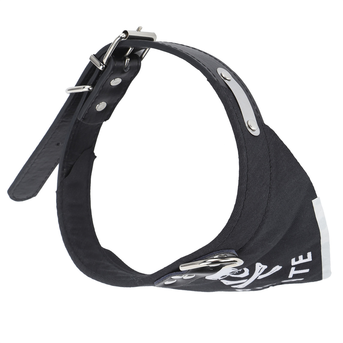 Schwarzes Hundehalsband mit weißem Text und Metallbeschlägen. Weißer Hintergrund.