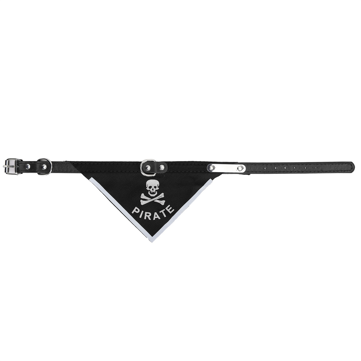 Schwarzes Hundehalsband mit Piraten-Totenkopf-Logo. Sagt 'PIRAT' am Kragen.