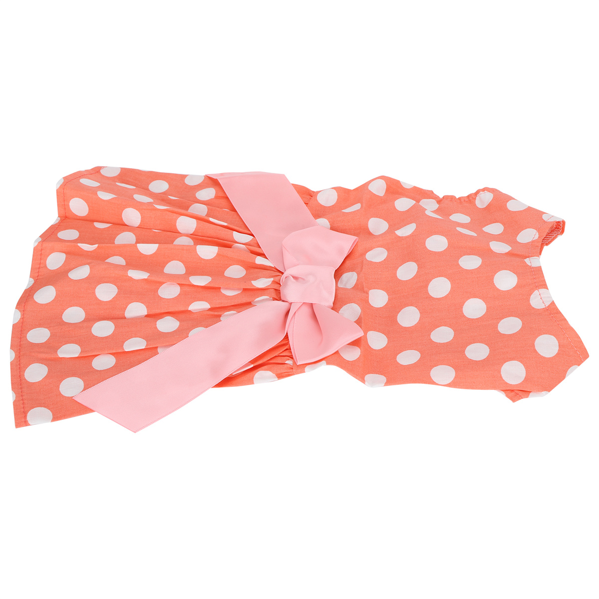 Hundekleid, orange mit weißen Tupfen, rosa Schleife.