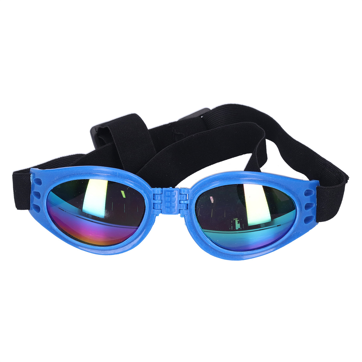 Blaue Hundebrille mit Regenbogenlinsen und schwarzem Riemen.