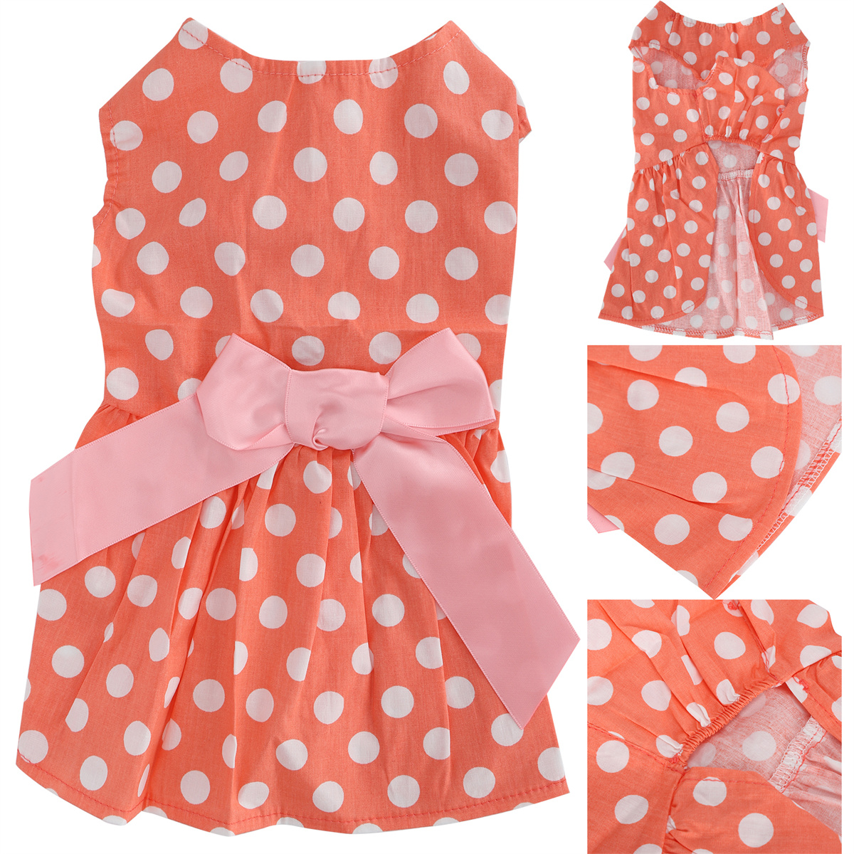 Orangefarbenes Hunde Kleid mit weißen Punkten, rosa Schleife. Details umfassen Vorder- und Rückansicht.